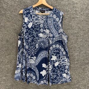 I.N. Studio Blouse Women 1X Plus Blue Floral Sleeveless Wide Strap Crew Neck